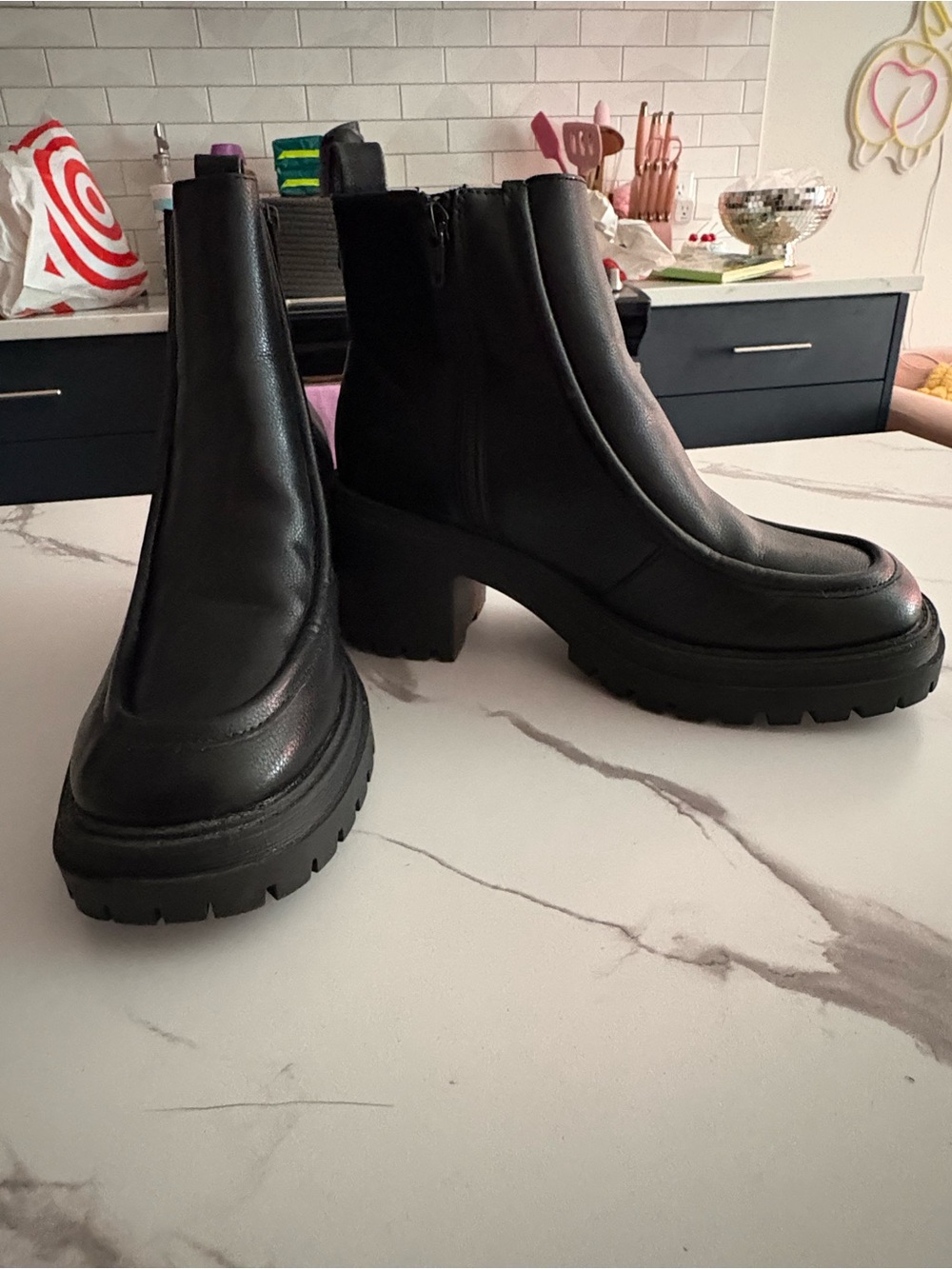 Black Chunky Lug Sole Ankle Boots Side Zip Women’s Size 8